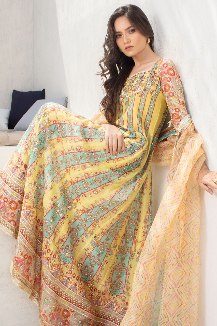 Lemon And Celadon Printed Cotton Net Peshwas With Printed Organza Dupatta