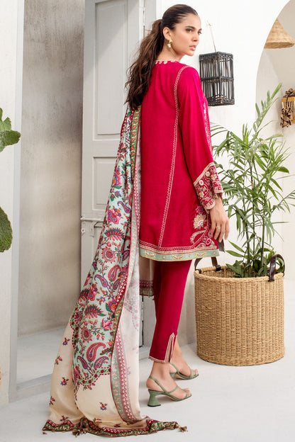 Deep Vermillion Self Jamawar Embroidered Kurta With Self Jamawar Printed Stole