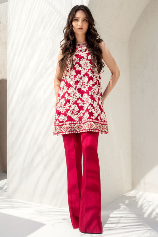 Embroidered Vermillion Coloured Khaddi Corduroy Kurta