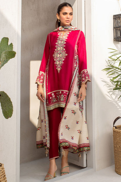 Deep Vermillion Self Jamawar Embroidered Kurta With Self Jamawar Printed Stole