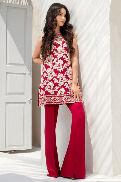 Embroidered Vermillion Coloured Khaddi Corduroy Kurta