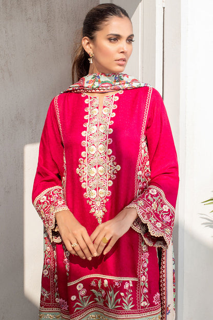 Deep Vermillion Self Jamawar Embroidered Kurta With Self Jamawar Printed Stole