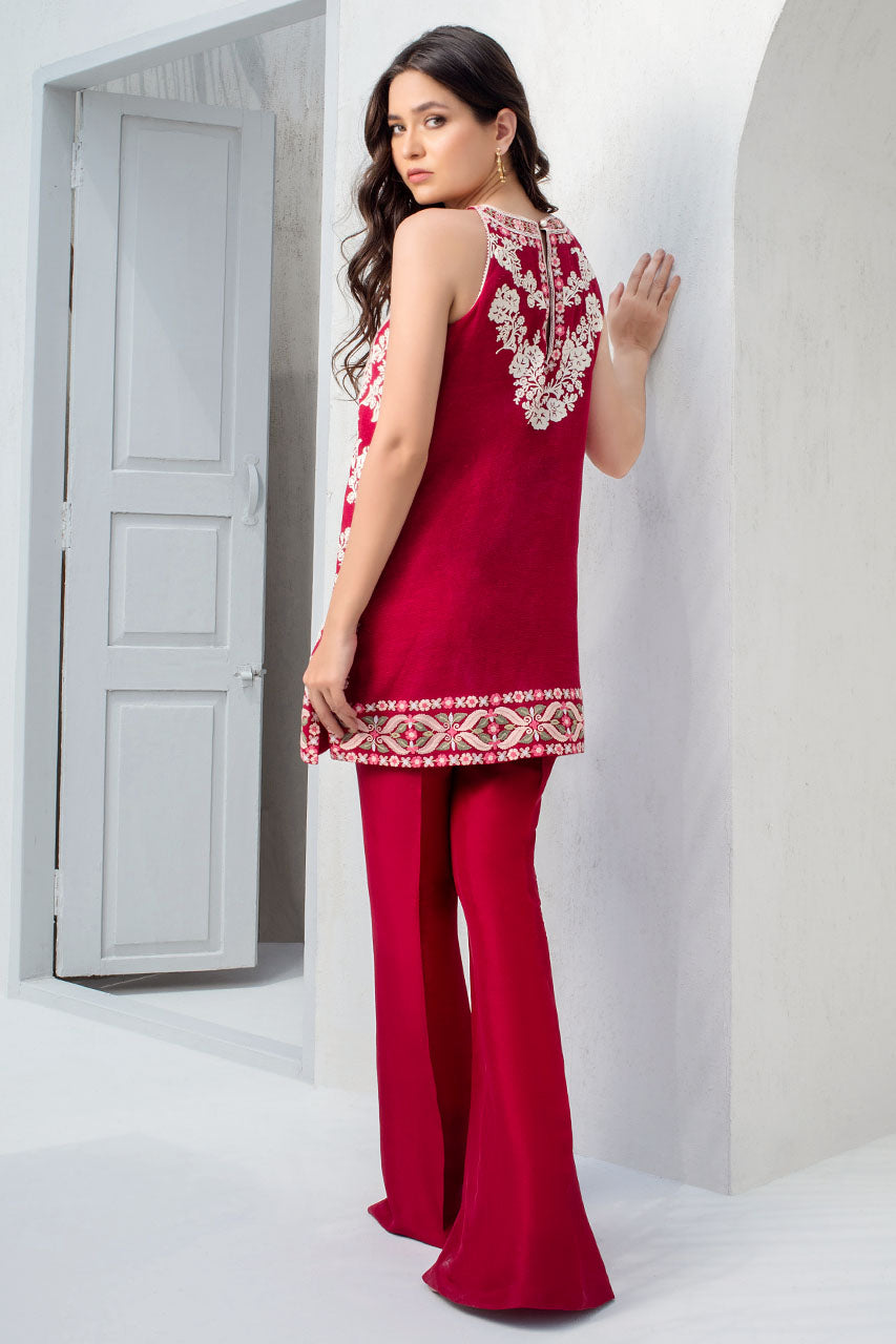 Embroidered Vermillion Coloured Khaddi Corduroy Kurta