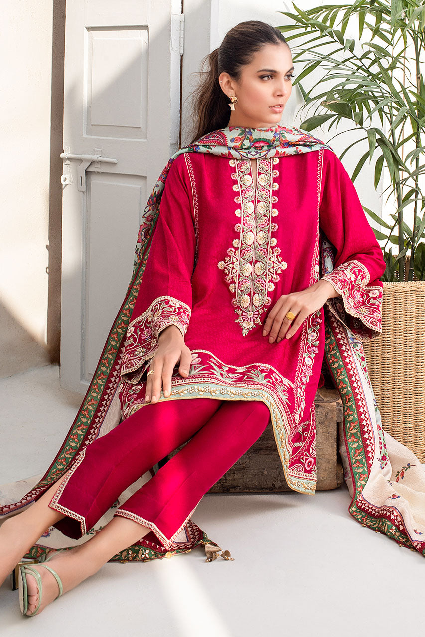 Deep Vermillion Self Jamawar Embroidered Kurta With Self Jamawar Printed Stole