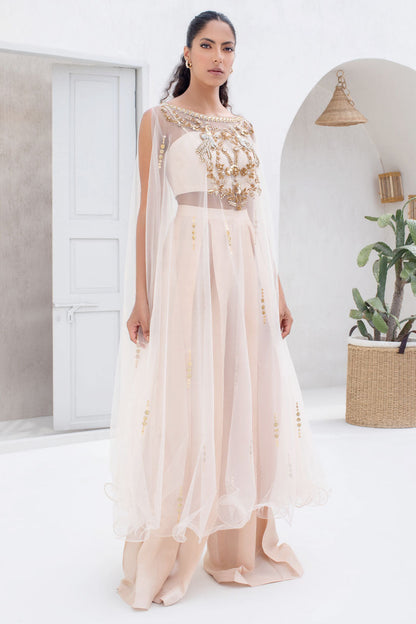 Dusty Pink Net Cape With Handwork And Gota Detail On The Bodice