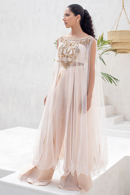 Dusty Pink Net Cape With Handwork And Gota Detail On The Bodice