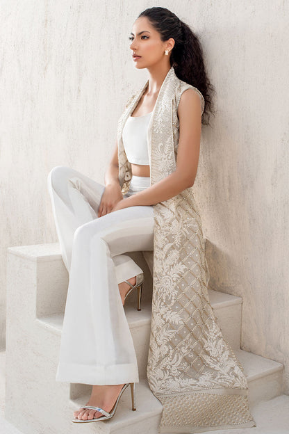 Ivory Embellished Organza Long Jacket With Choli