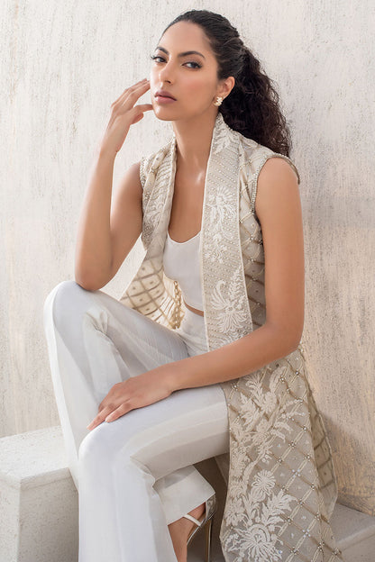 Ivory Embellished Organza Long Jacket With Choli