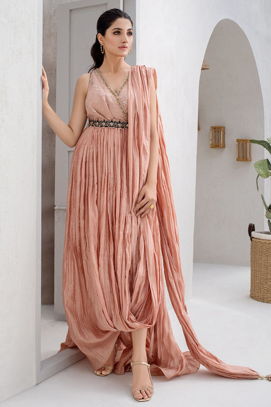 Peony Crushed Khaddi Silk Draped Dress With Kamdani Work