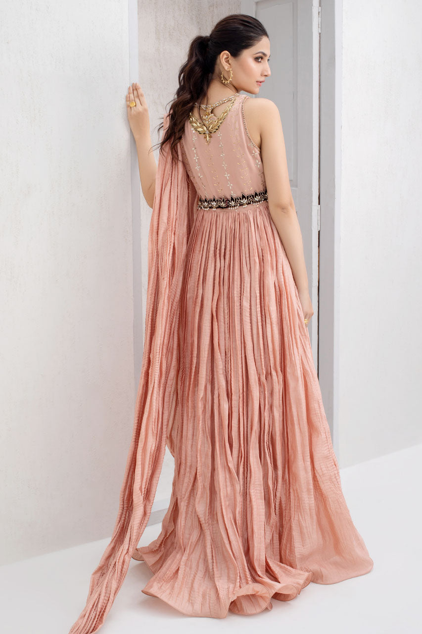 Peony Crushed Khaddi Silk Draped Dress With Kamdani Work