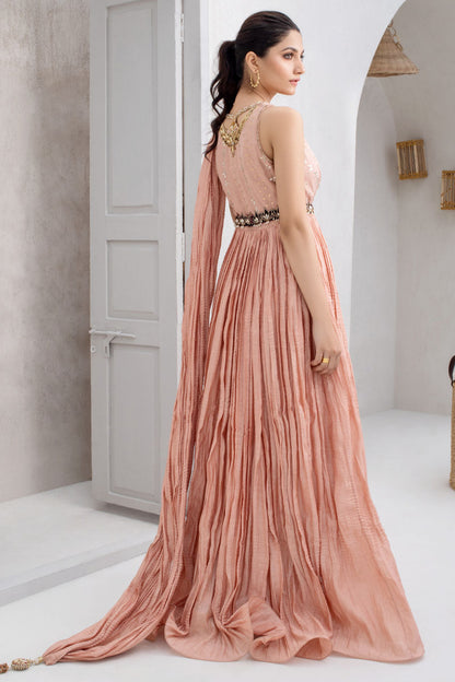 Peony Crushed Khaddi Silk Draped Dress With Kamdani Work