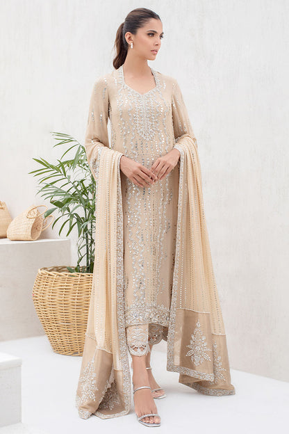 Honey Beige Georgette Long Shirt With Kamdani And Tissue Dupatta