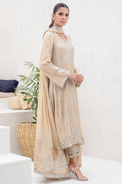 Honey Beige Georgette Long Shirt With Kamdani And Tissue Dupatta