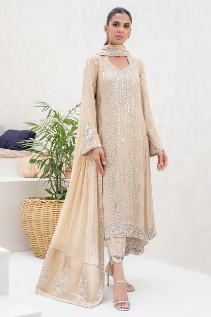 Honey Beige Georgette Long Shirt With Kamdani And Tissue Dupatta