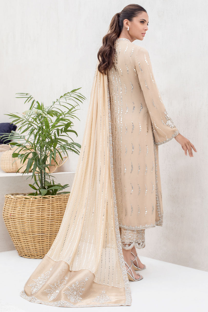 Honey Beige Georgette Long Shirt With Kamdani And Tissue Dupatta