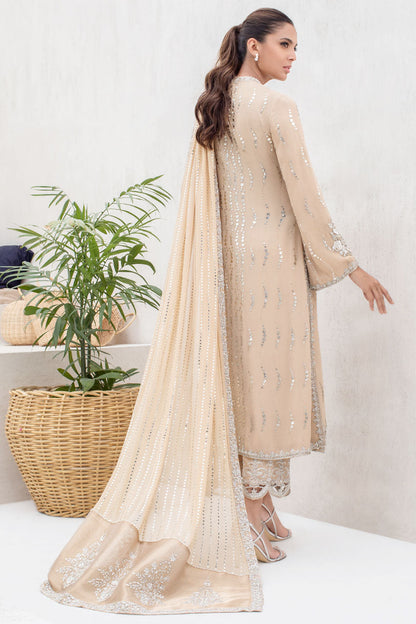 Honey Beige Georgette Long Shirt With Kamdani And Tissue Dupatta