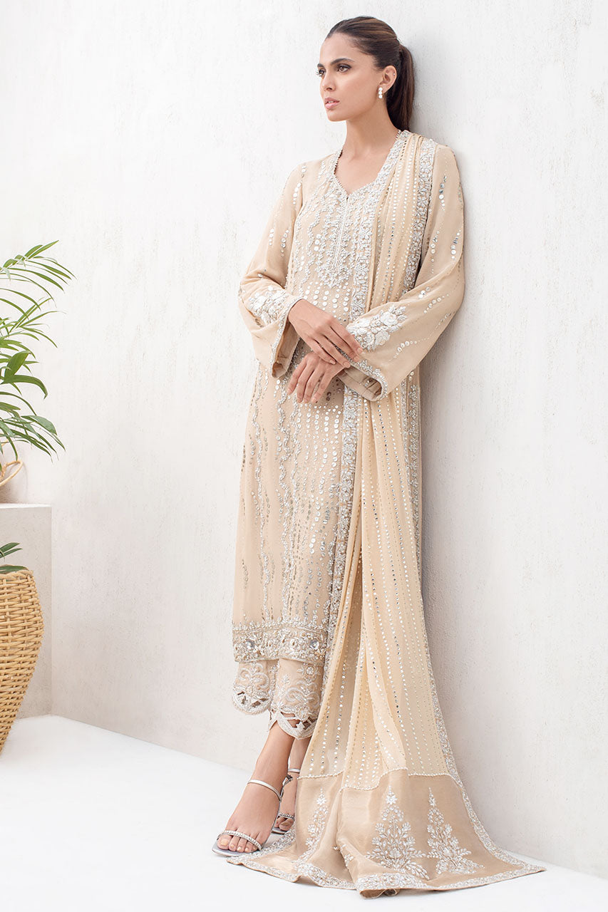 Honey Beige Georgette Long Shirt With Kamdani And Tissue Dupatta