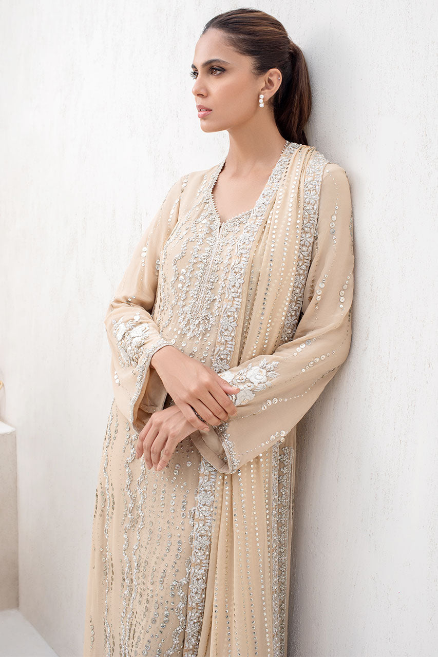 Honey Beige Georgette Long Shirt With Kamdani And Tissue Dupatta