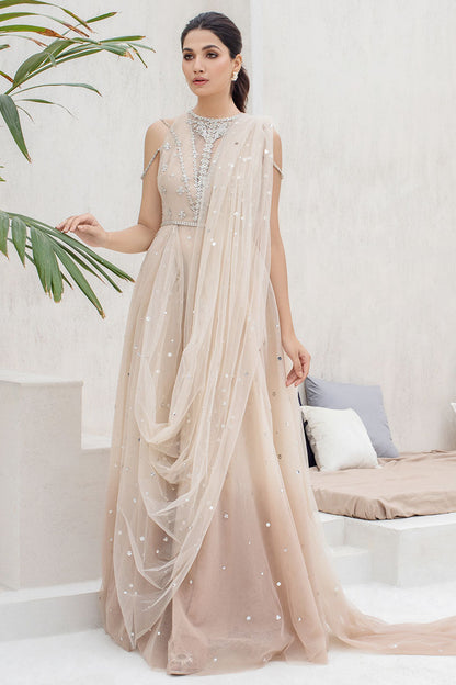 Fine Net Buttermilk Coloured Draped Dress With Diamonte And Sequins Work