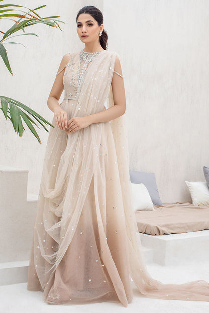 Fine Net Buttermilk Coloured Draped Dress With Diamonte And Sequins Work