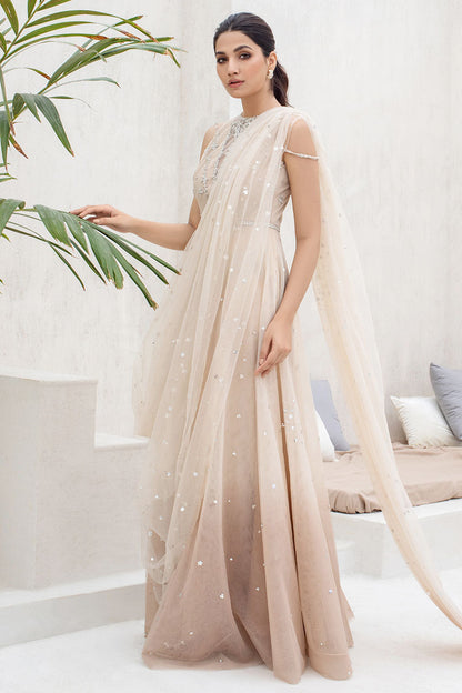 Fine Net Buttermilk Coloured Draped Dress With Diamonte And Sequins Work