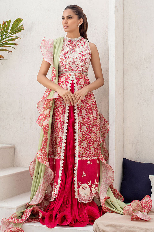 Vermillion Khaddi Silk Open Printed Front Open Peshwas With Embellishment And A Georgette Kamdani Silk Ruffle Dupatta.