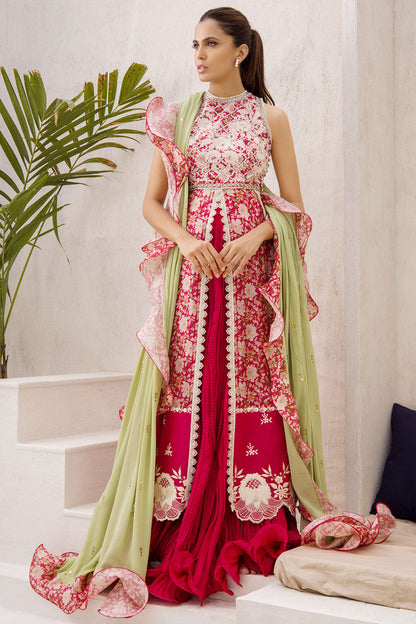 Vermillion Khaddi Silk Open Printed Front Open Peshwas With Embellishment And A Georgette Kamdani Silk Ruffle Dupatta.