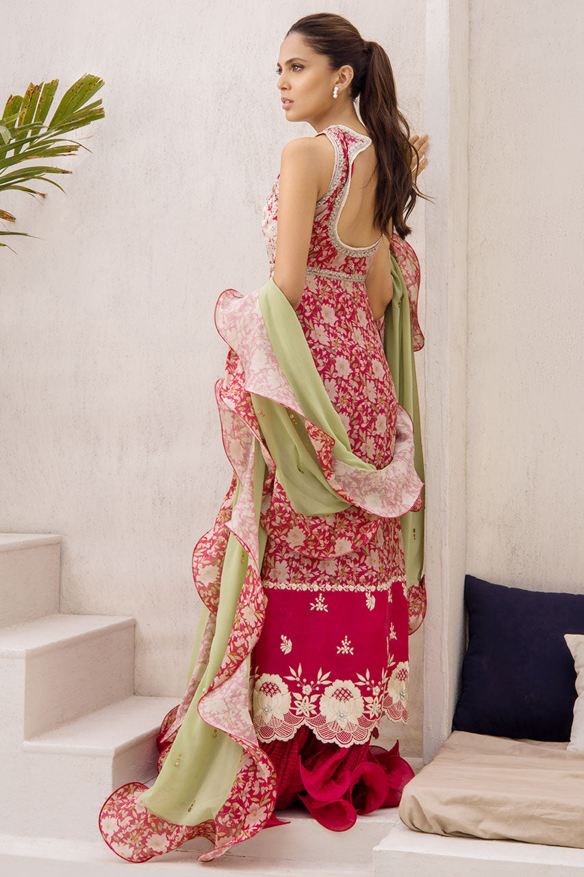 Vermillion Khaddi Silk Open Printed Front Open Peshwas With Embellishment And A Georgette Kamdani Silk Ruffle Dupatta.