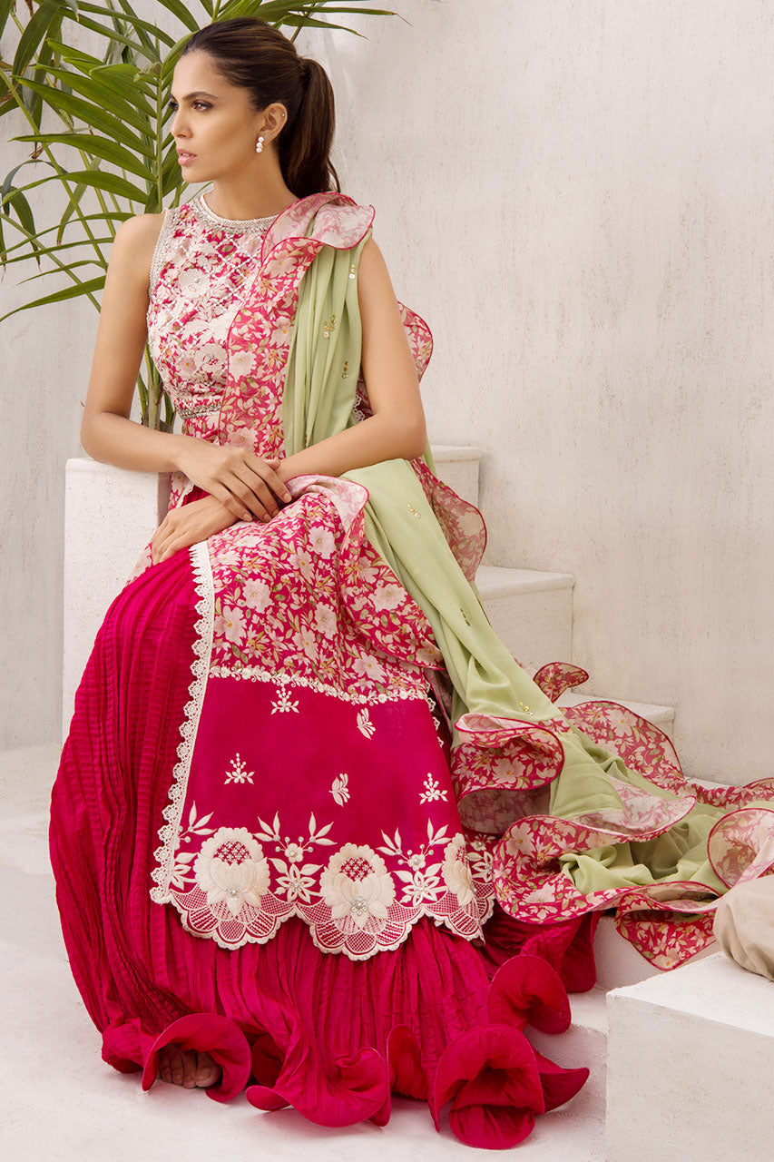 Vermillion Khaddi Silk Open Printed Front Open Peshwas With Embellishment And A Georgette Kamdani Silk Ruffle Dupatta.