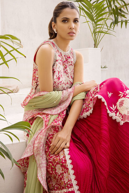 Vermillion Khaddi Silk Open Printed Front Open Peshwas With Embellishment And A Georgette Kamdani Silk Ruffle Dupatta.