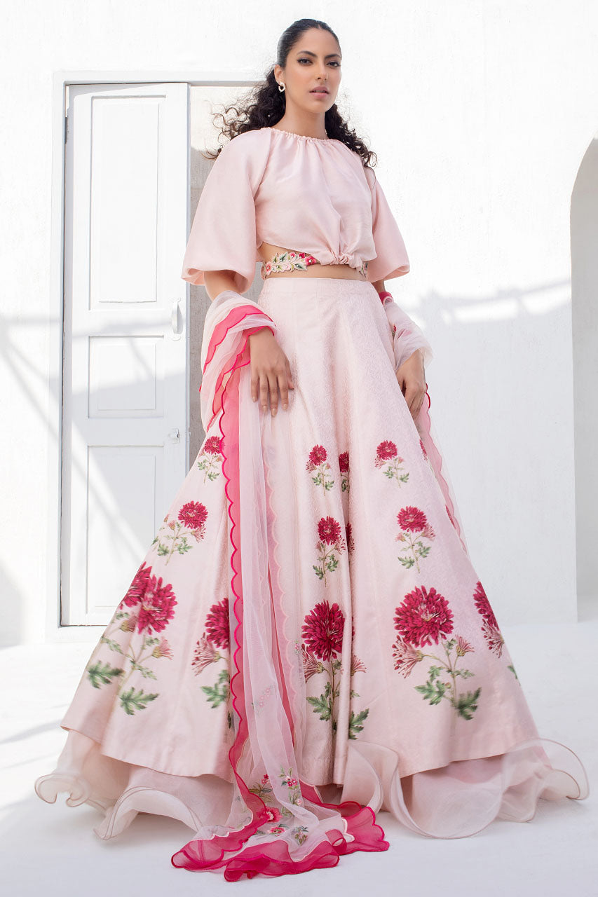 Baby Pink Silk Choli With A Printed Self Jamawar Lengha