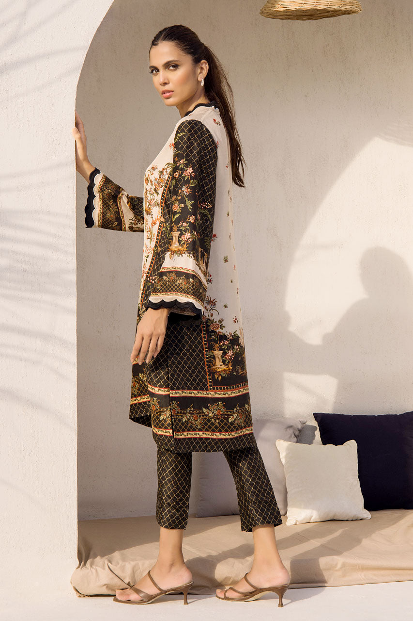 Digitally Printed Black And Cream Raw Silk Kurta