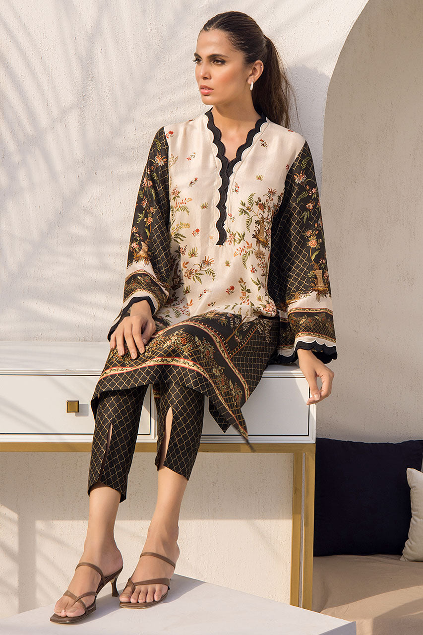 Digitally Printed Black And Cream Raw Silk Kurta