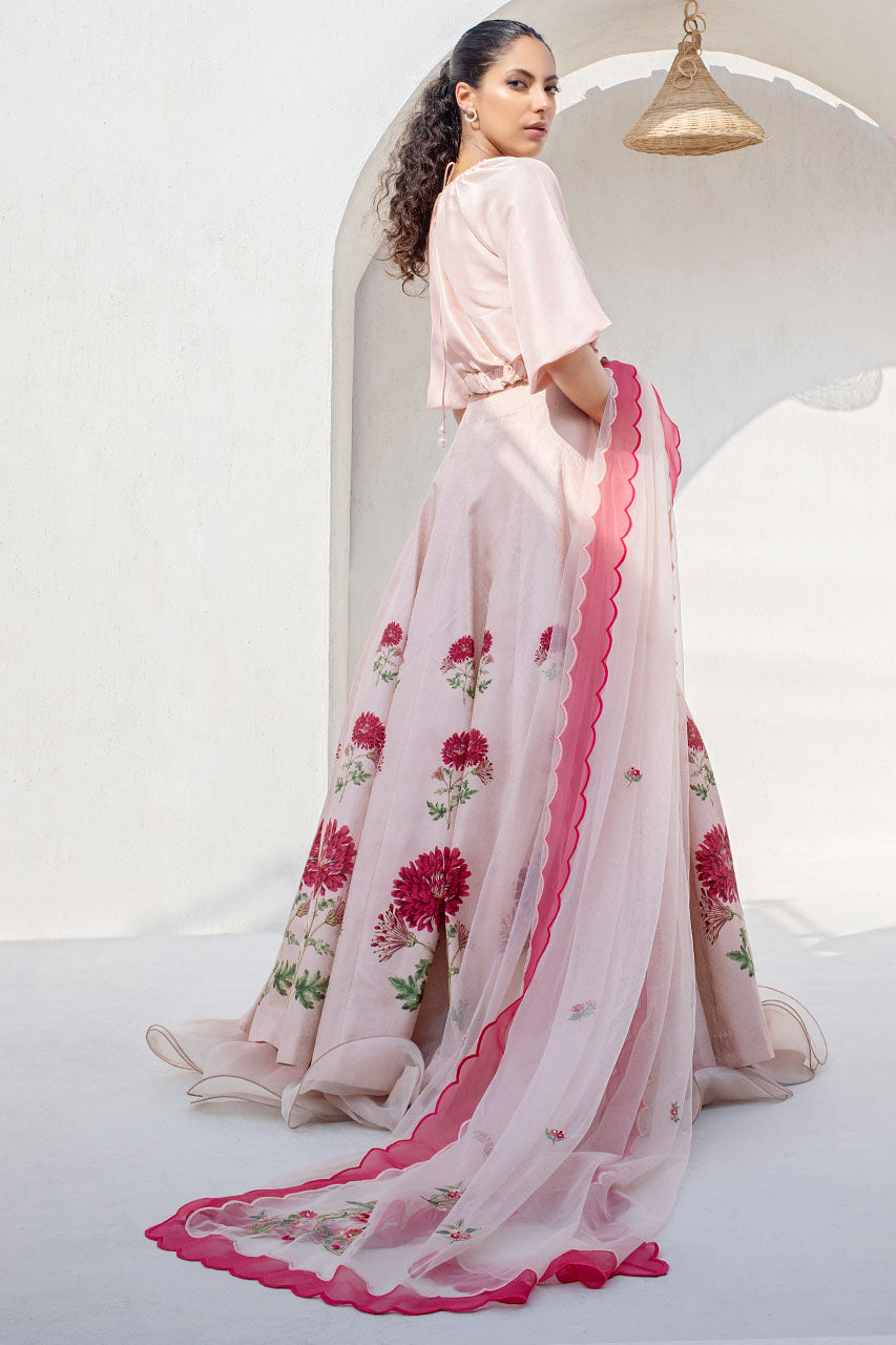 Baby Pink Silk Choli With A Printed Self Jamawar Lengha