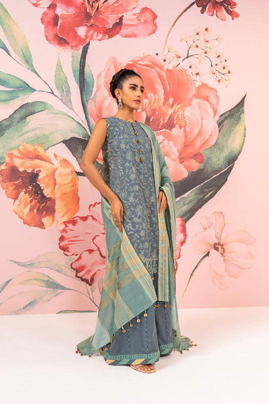 3 Pc Embroidered Cambric Suit With Yarn Dyed Dupatta