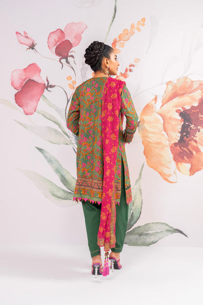 3 Pc Embroidered Thick Lawn Suit With Chiffon Dupatta