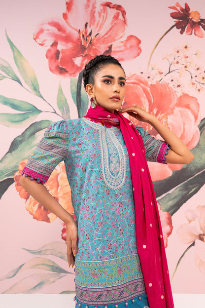 3 Pc Embroidered Two Way Slub Suit With Lawn Dupatta