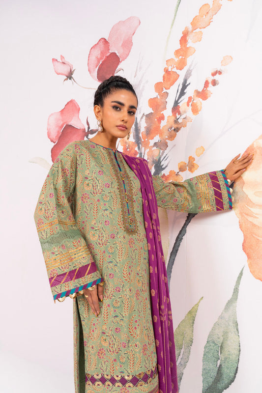 3 Pc Embroidered Two Way Slub Suit With Silver Lawn Dupatta