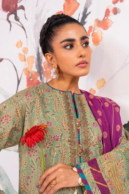 3 Pc Embroidered Two Way Slub Suit With Silver Lawn Dupatta