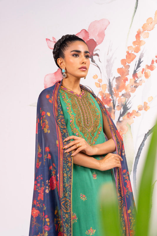 3 Pc Embroidered Viscose Suit With Silk Dupatta