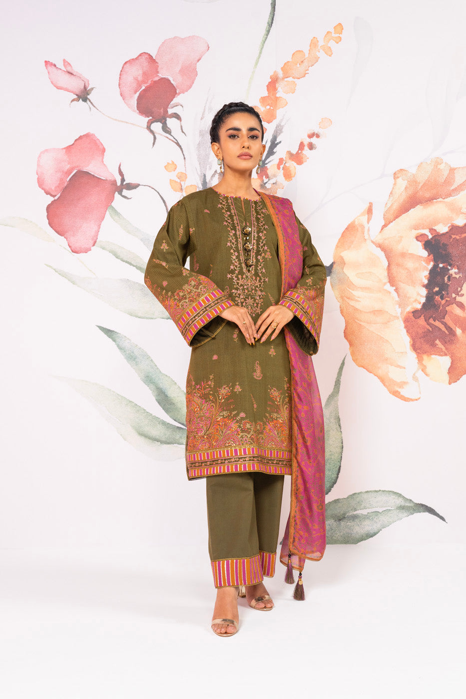 3 Pc Embroidered Checks Dobby Suit With Silk Dupatta