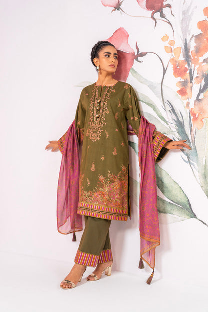 3 Pc Embroidered Checks Dobby Suit With Silk Dupatta