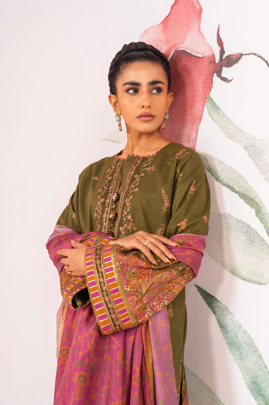 3 Pc Embroidered Checks Dobby Suit With Silk Dupatta