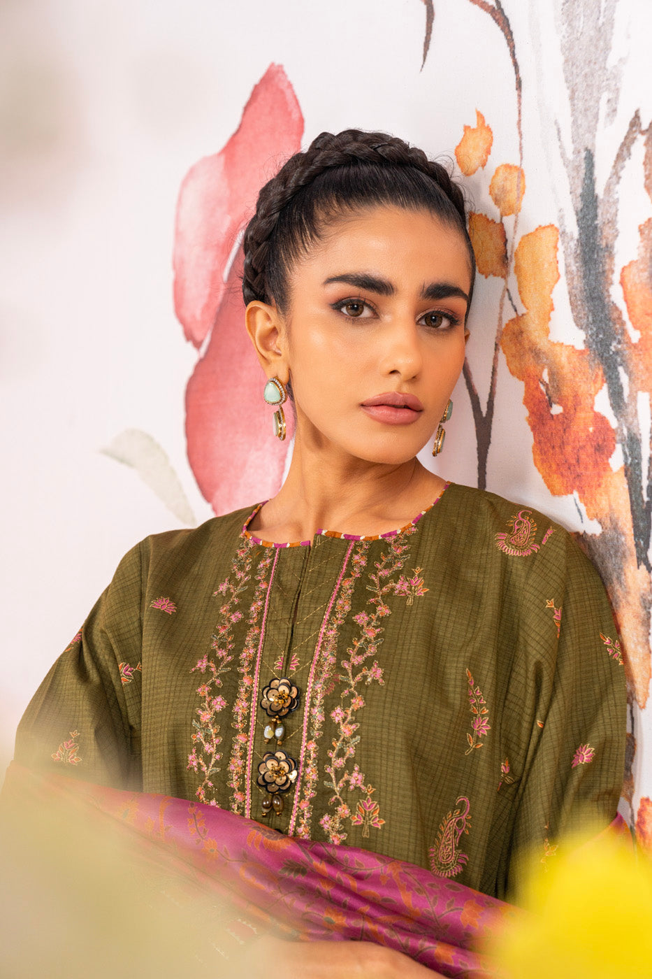 3 Pc Embroidered Checks Dobby Suit With Silk Dupatta