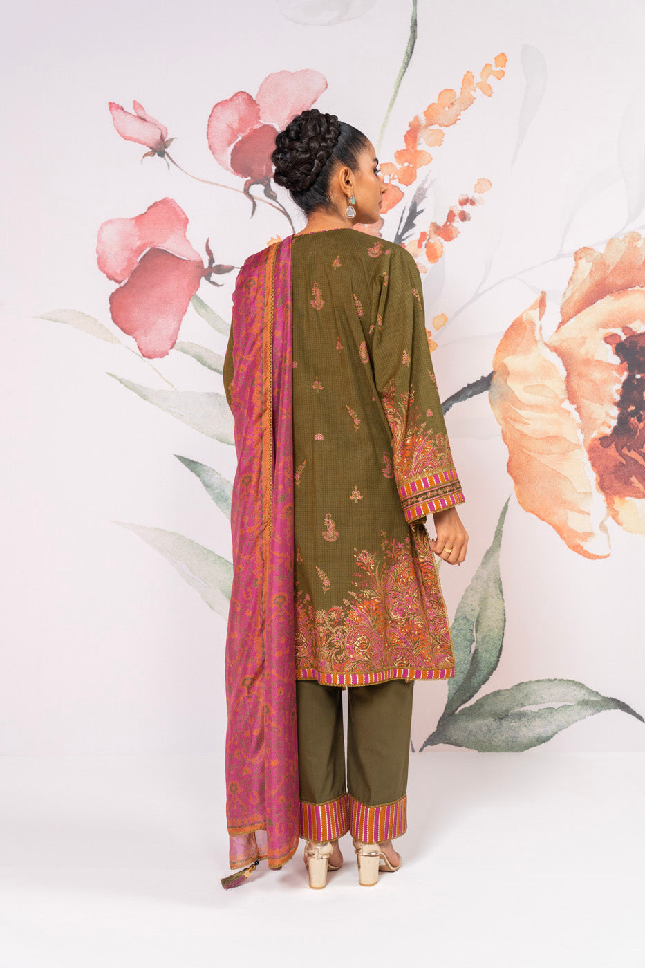 3 Pc Embroidered Checks Dobby Suit With Silk Dupatta