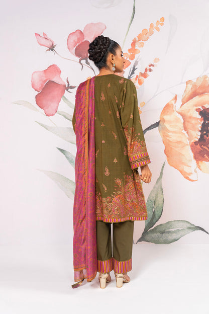 3 Pc Embroidered Checks Dobby Suit With Silk Dupatta