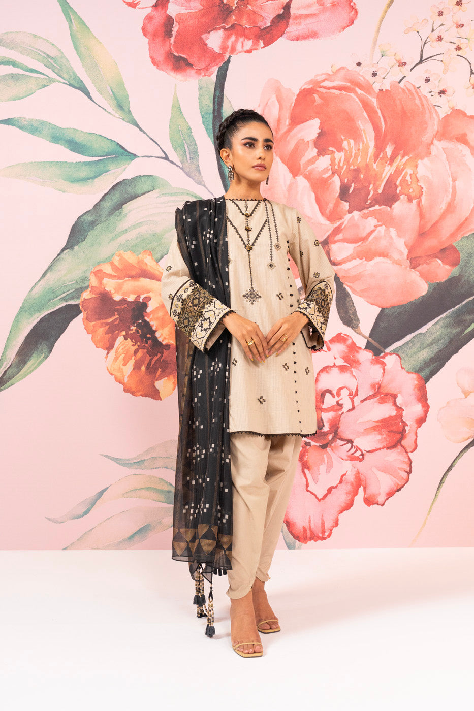3 Pc Embroidered Checks Dobby Suit With Silk Dupatta