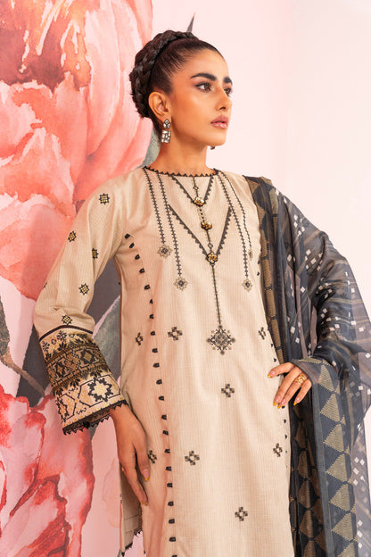 3 Pc Embroidered Checks Dobby Suit With Silk Dupatta