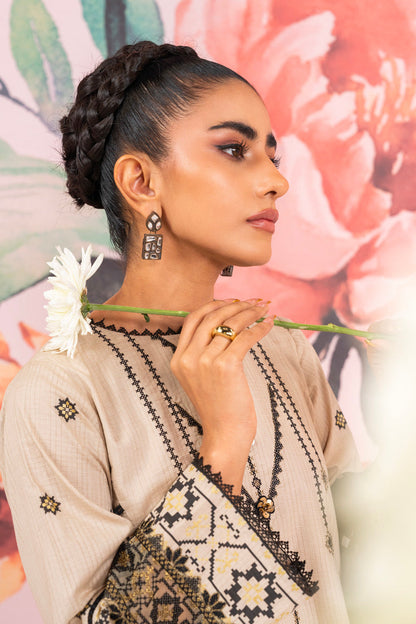 3 Pc Embroidered Checks Dobby Suit With Silk Dupatta
