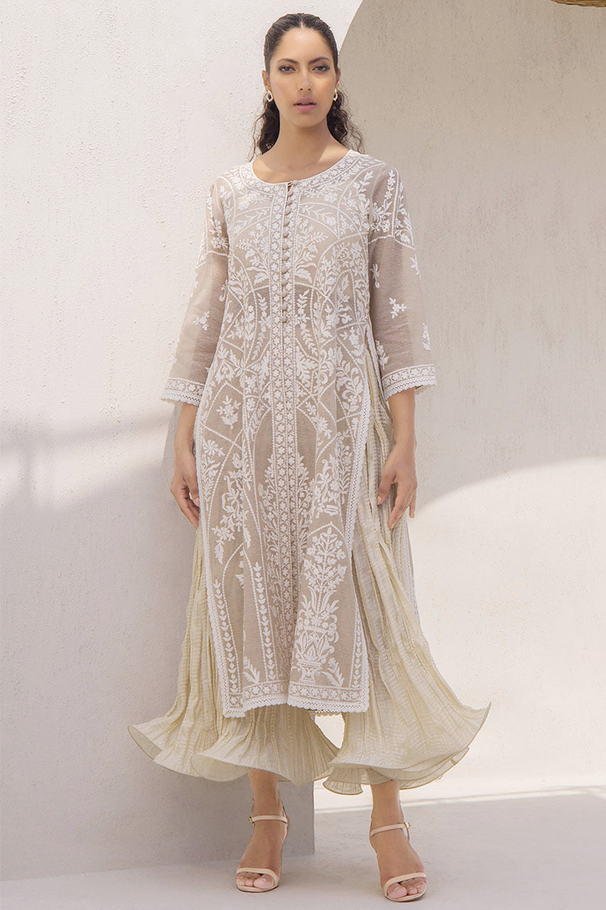 Ivory Khaddi Silk Embroidered Front Open Kurta Paired With Crushed Two-Legged Dhaka Trousers